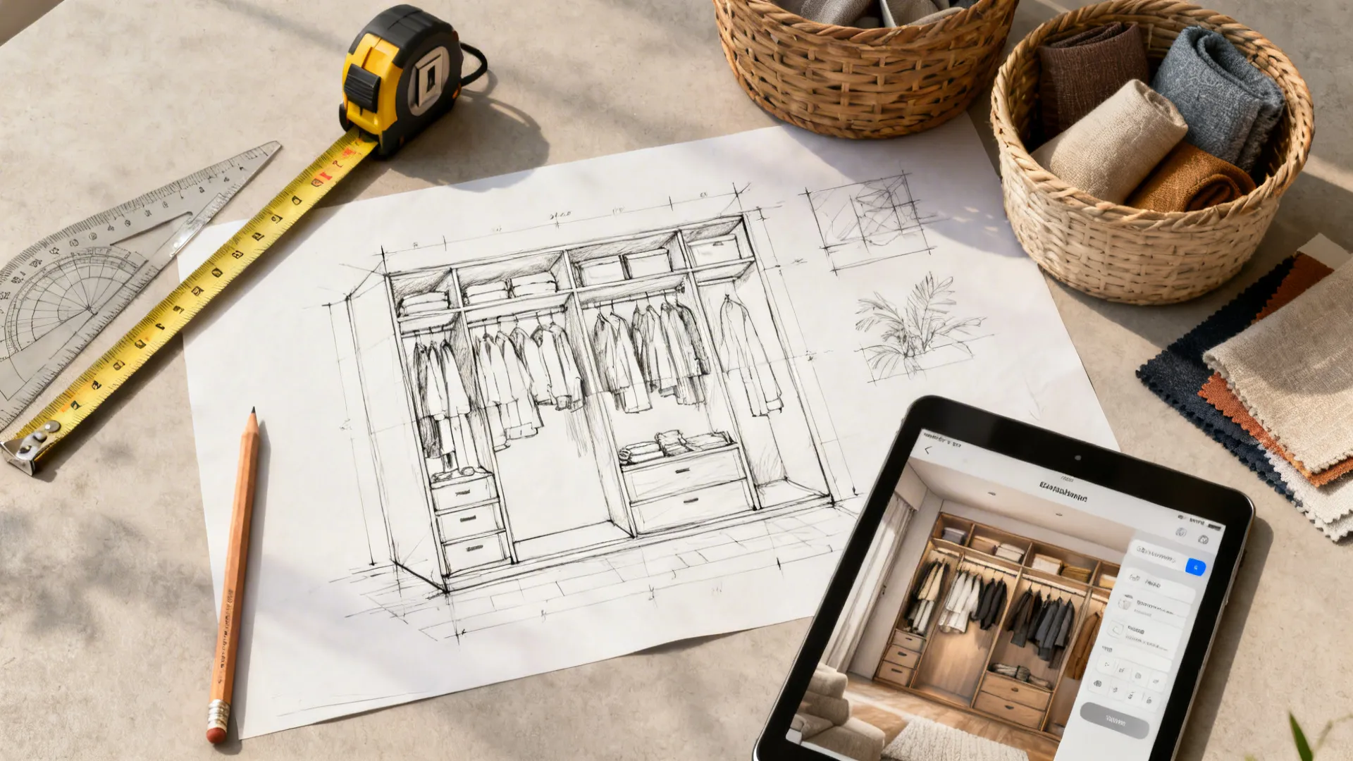 Flatlay of closet planning tools: tape measure, sketches, tablet with room planner, and material swatches.