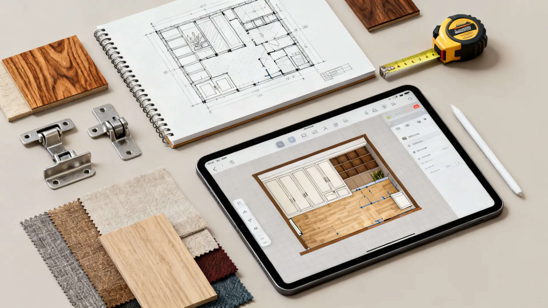 Top-down flatlay of sketches, tape measure, material samples and a tablet with a 3D planner.