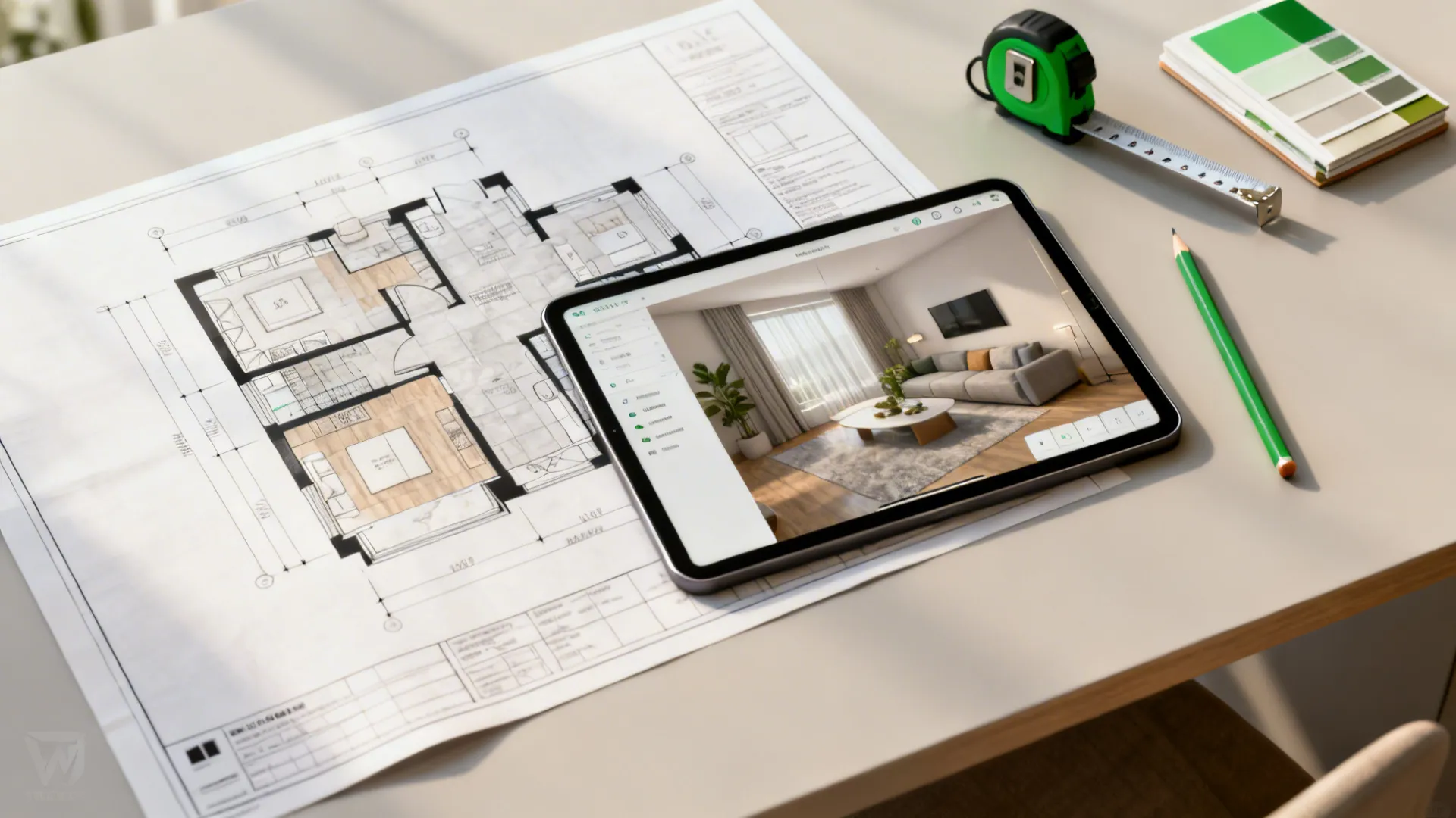 Top-down view of room planning tools: floor plan, tablet with 3D planner, measuring tape and swatches.