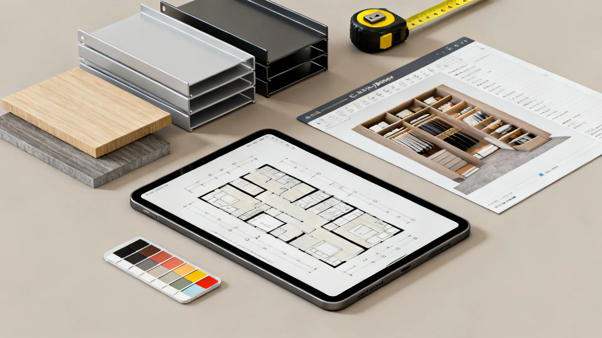 Flatlay of a tablet with floor plan, material swatches and measuring tape for closet planning