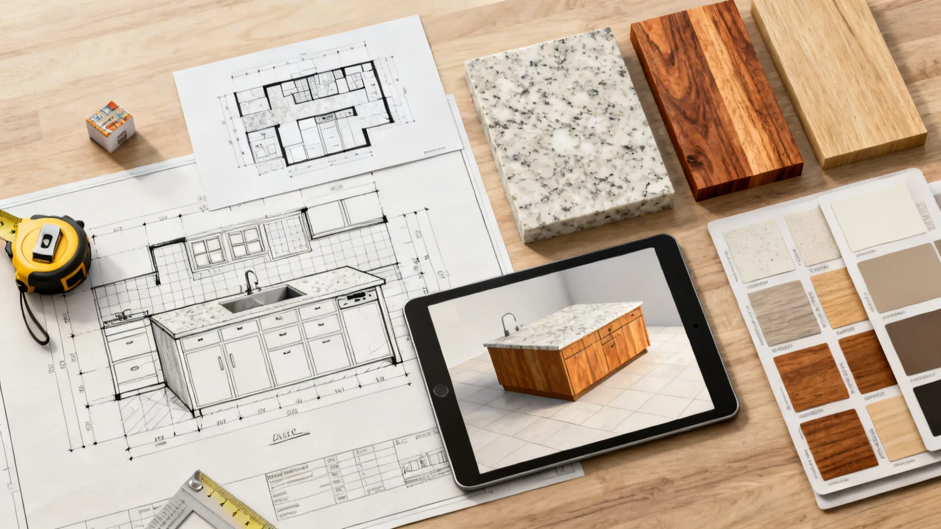 Flatlay of planning tools and material samples for small kitchen island layouts