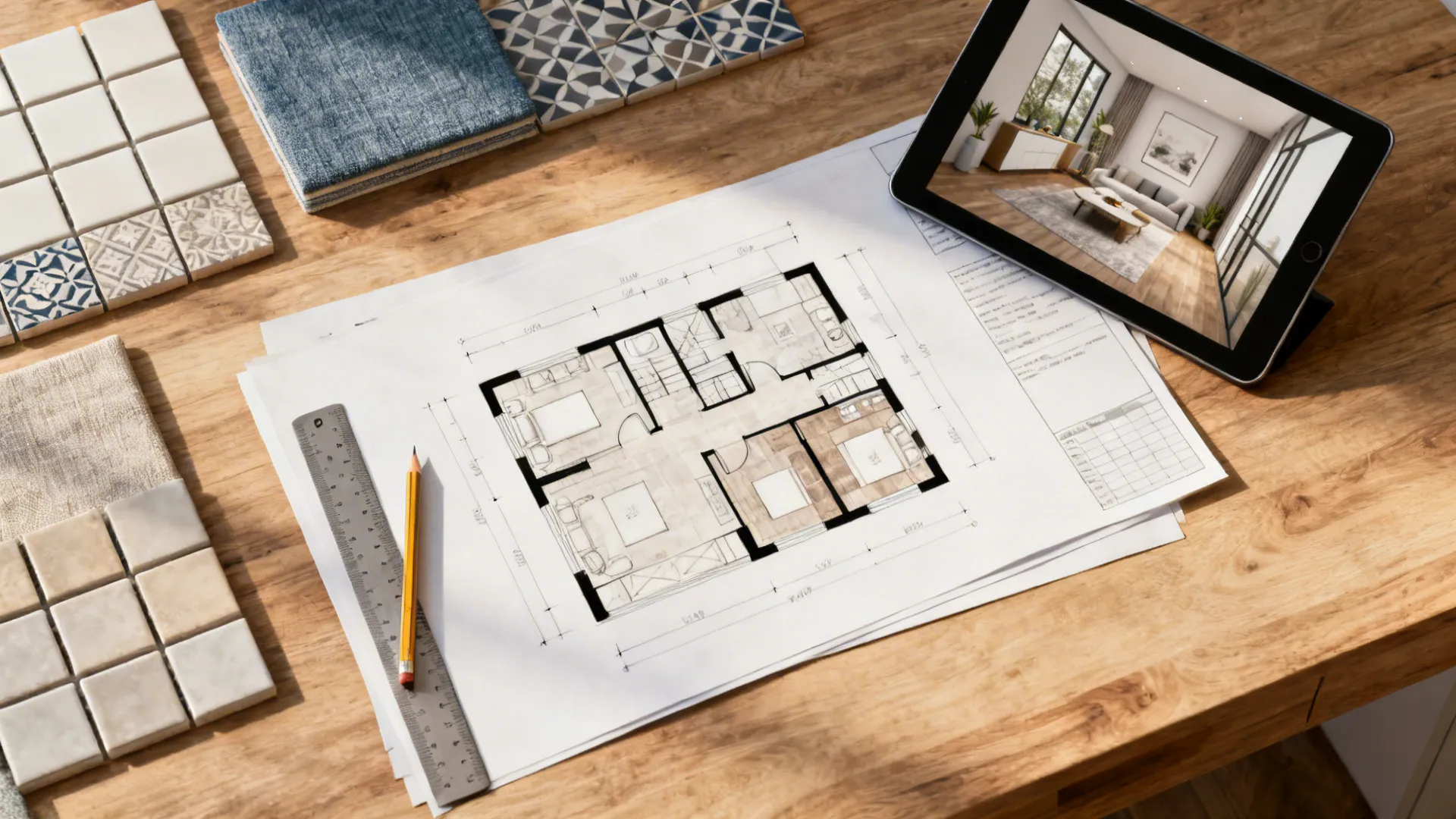 Top-down view of floor plan sketches, 3D render on tablet and material swatches for planning a small kitchen-dining layout.