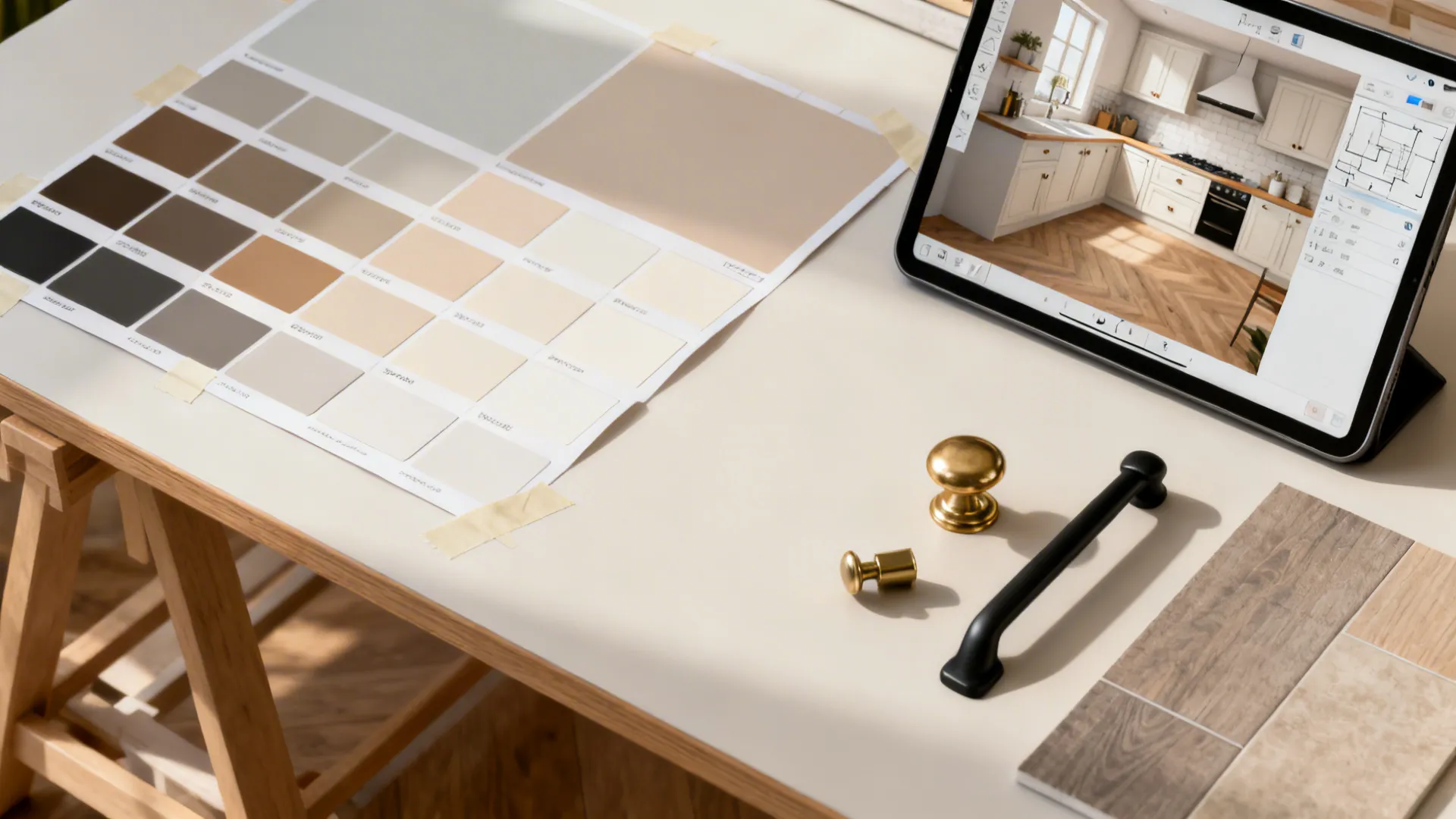 Top-down view of paint swatches, hardware samples, and a 3D planner for a small kitchen