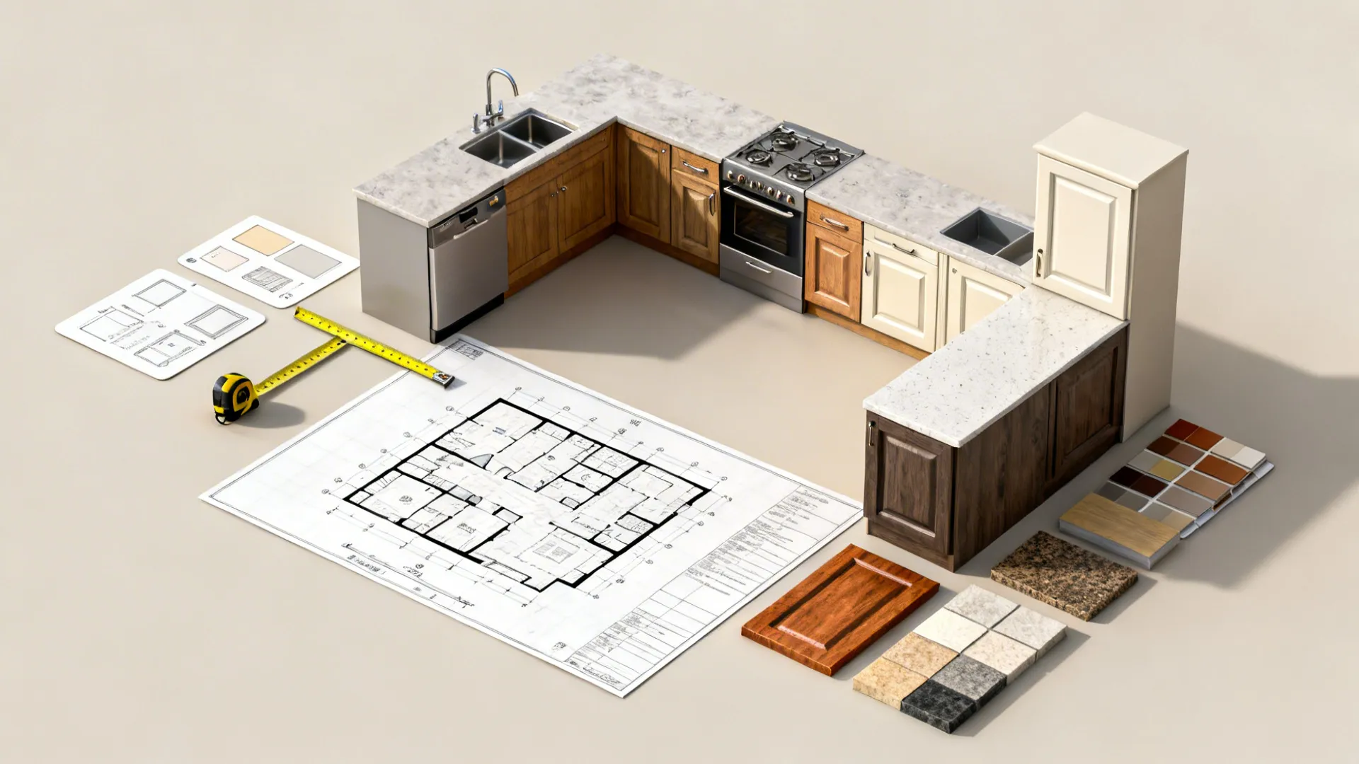 Flatlay of kitchen planning tools including floor plan mockup, tape measure, and material swatches.