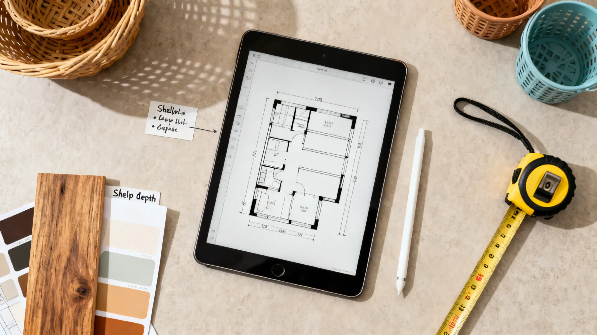 Flatlay of room planning tools: tablet floor plan, measuring tape, and material swatches