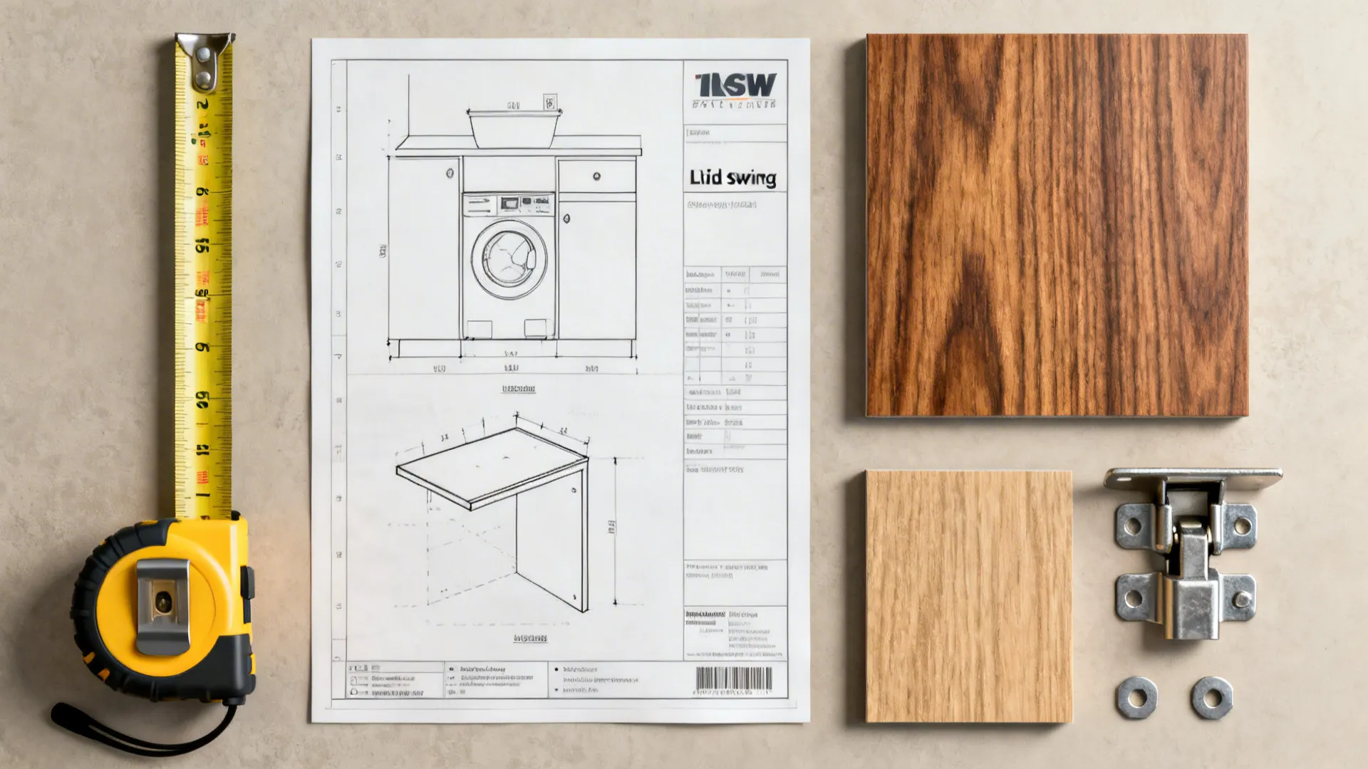 Flatlay of planning tools and materials for designing a top-load washer nook, including measuring tape and hinge samples.