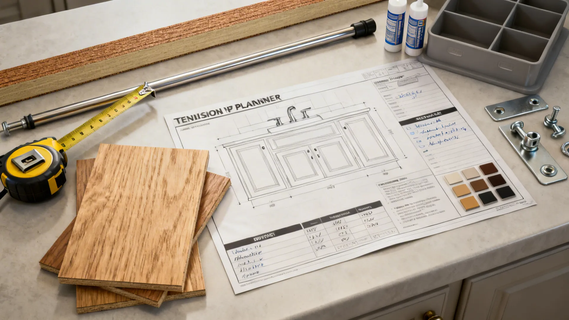 Flatlay of measuring tape, planner printout, plywood samples and hardware used for under-sink planning.