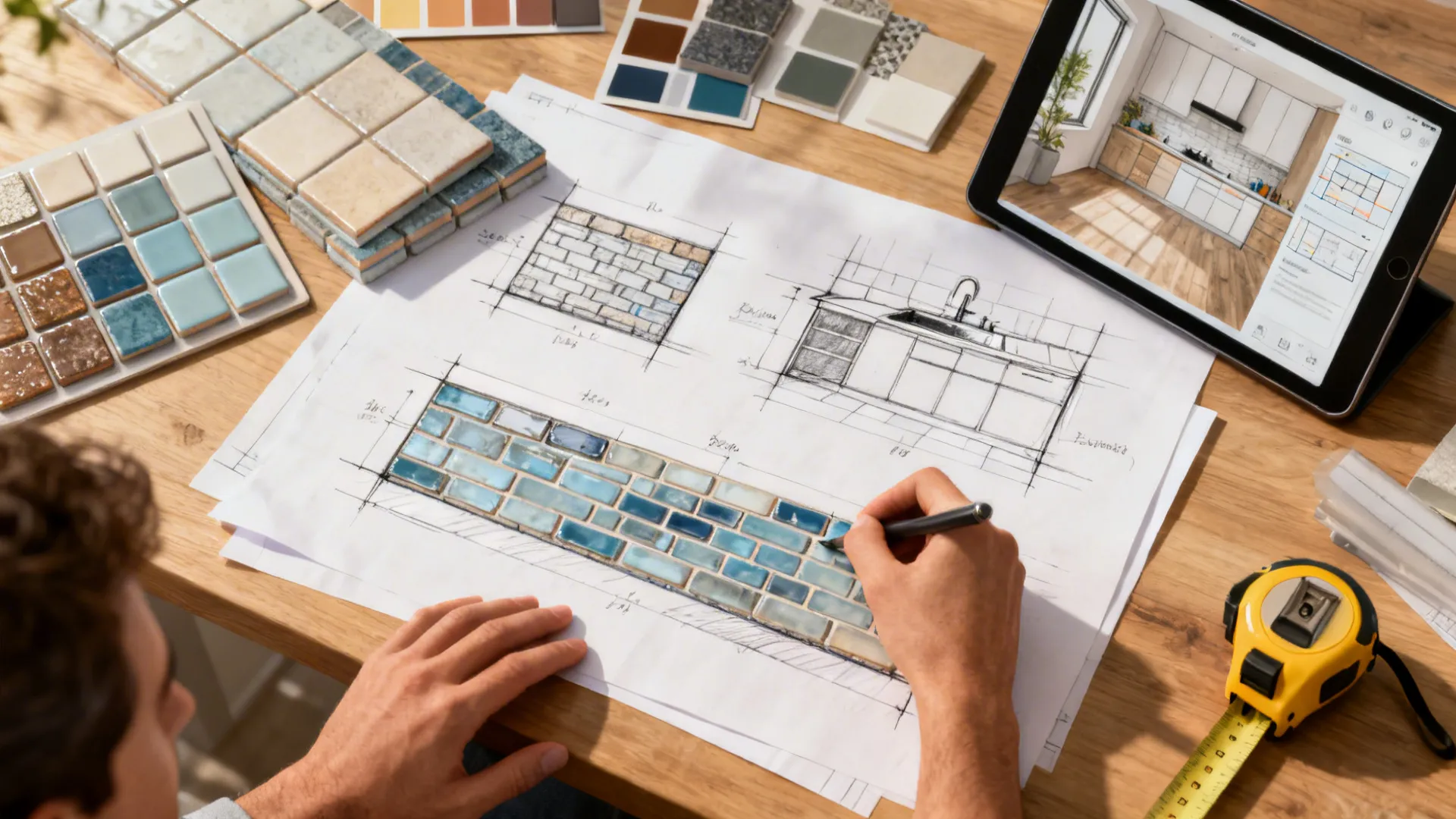 Top-down view of a designer's desk with backsplash sketches, tile swatches, and a tablet room planner.