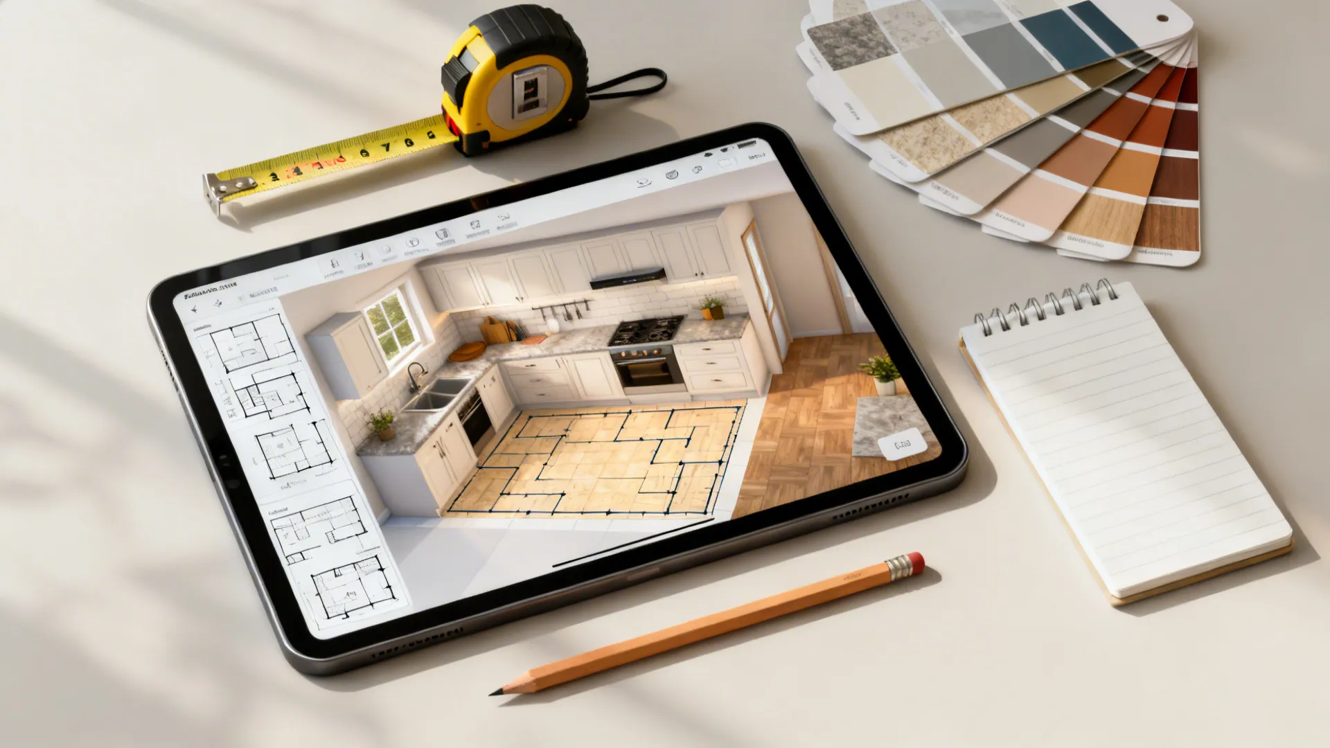 Flatlay showing a tablet with a 3D floor planner, tape measure, and color swatches for kitchen planning.