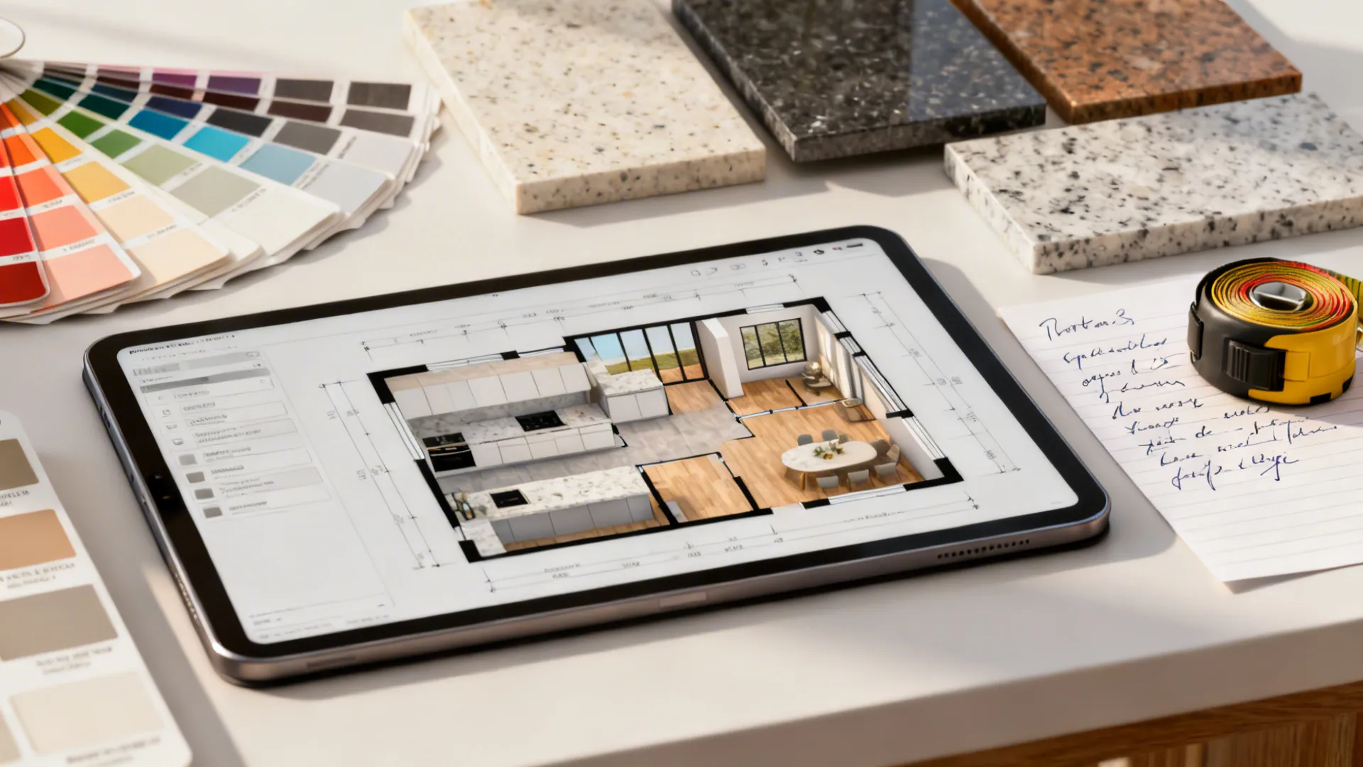 Flatlay of 3D floor planner on a tablet with paint swatches and material samples for kitchen planning