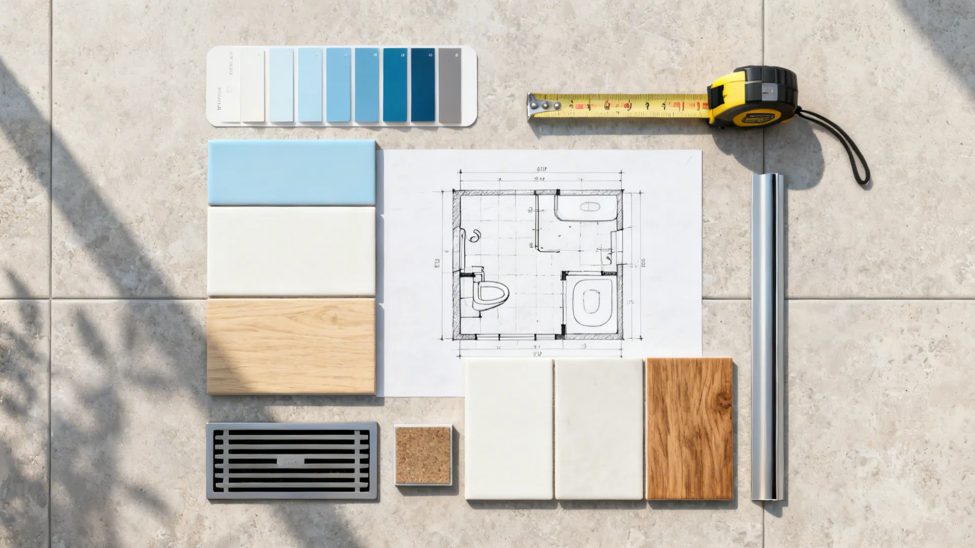 Top-down flatlay of planning tools and material samples for designing a small bathroom.