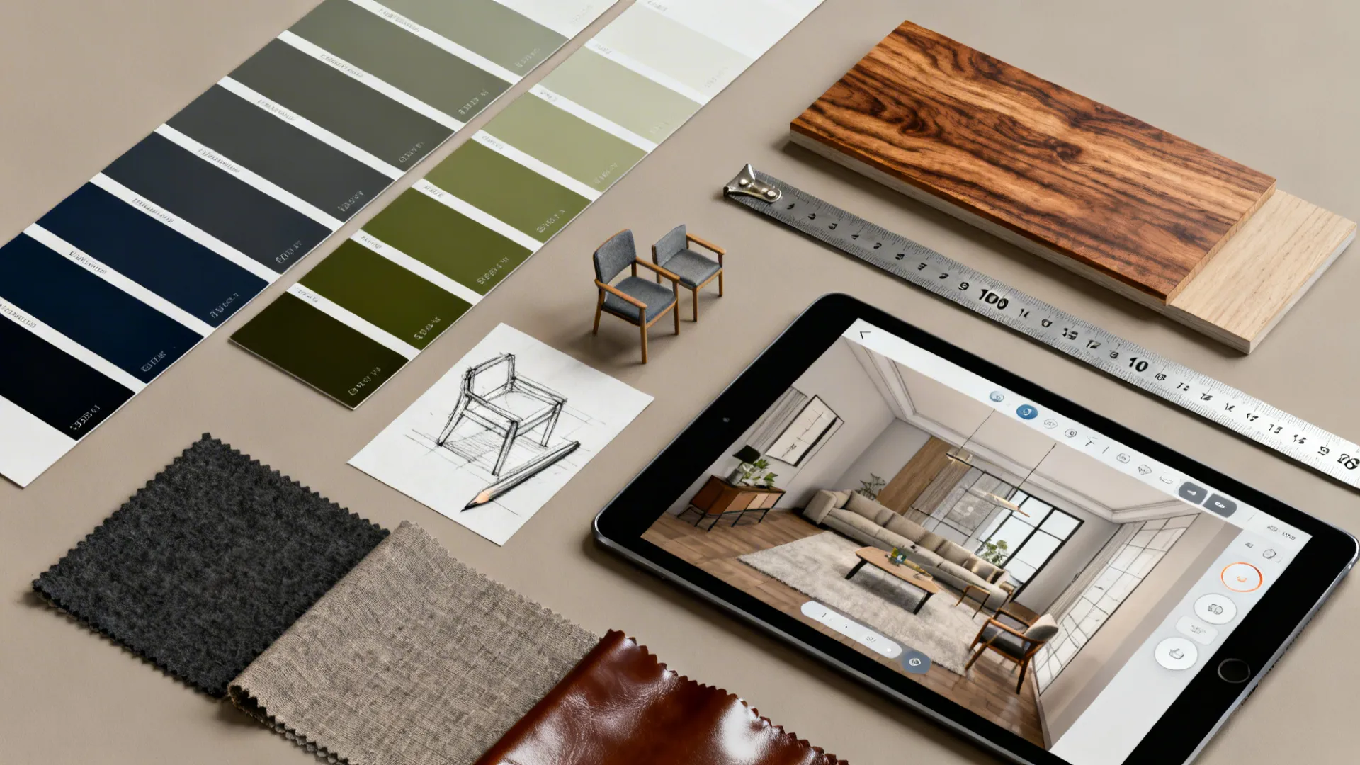 Color palettes fabric swatches wood samples and tablet showing a living room layout on desk