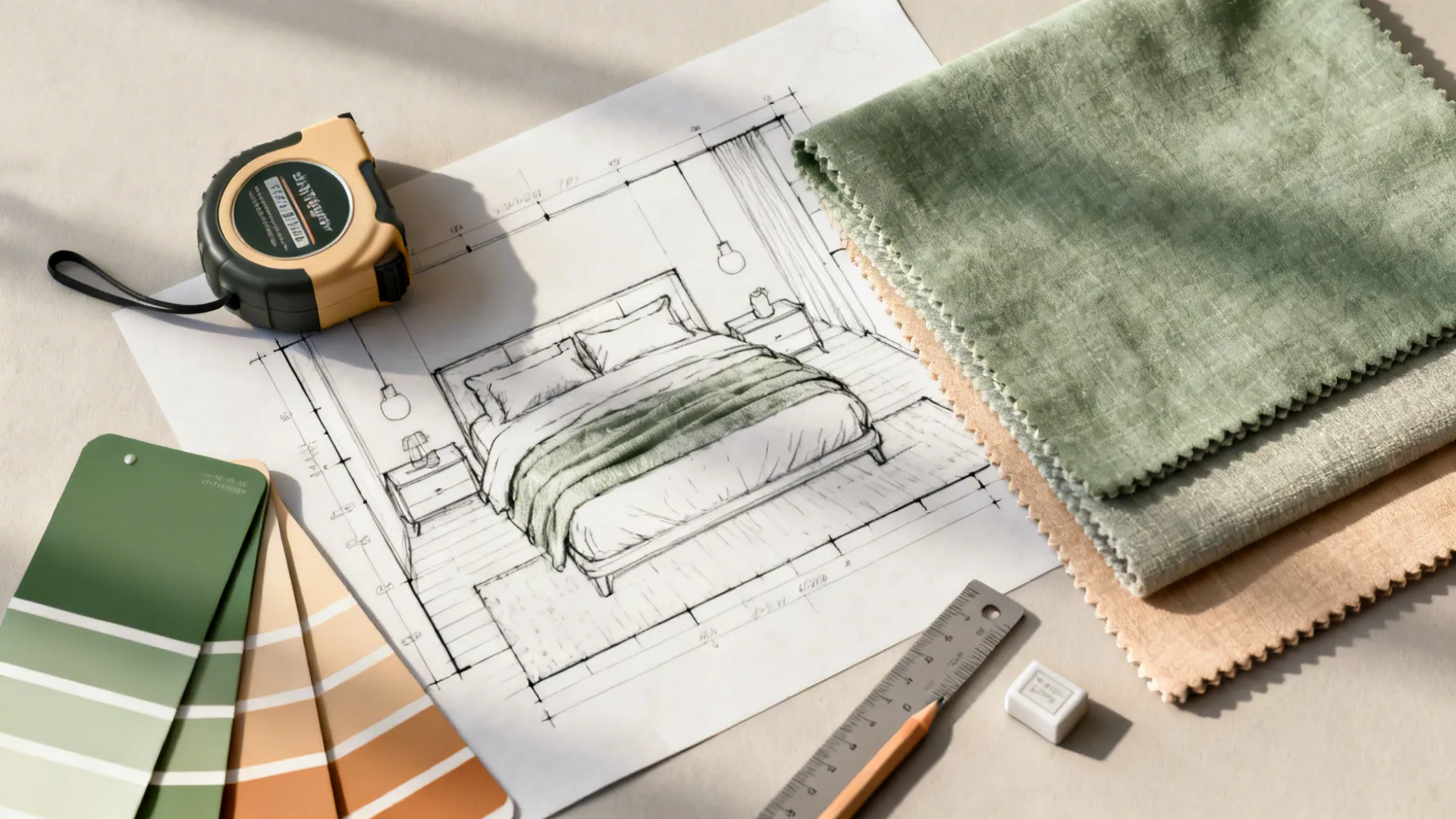 Flatlay of planning tools and fabric swatches for testing bedroom seating scale.