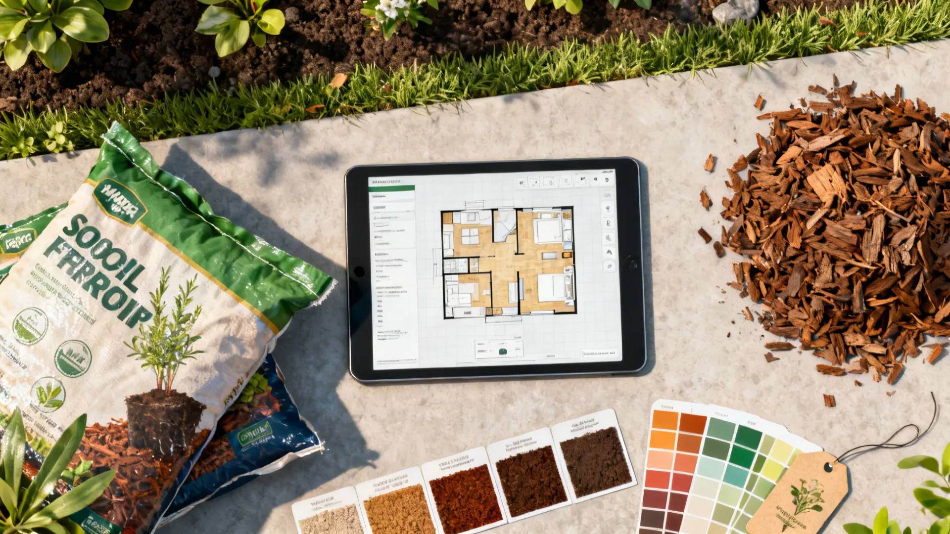 Flatlay of a tablet with a layout mockup, soil amendments, mulch samples and swatches for yard planning.