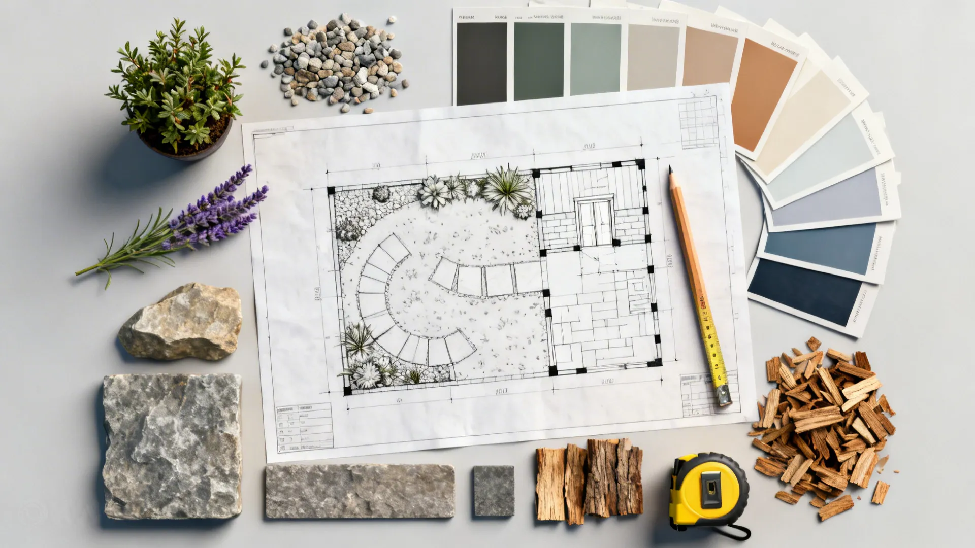 Top-down flatlay of layout sketches, material swatches, and plant samples for front yard planning.