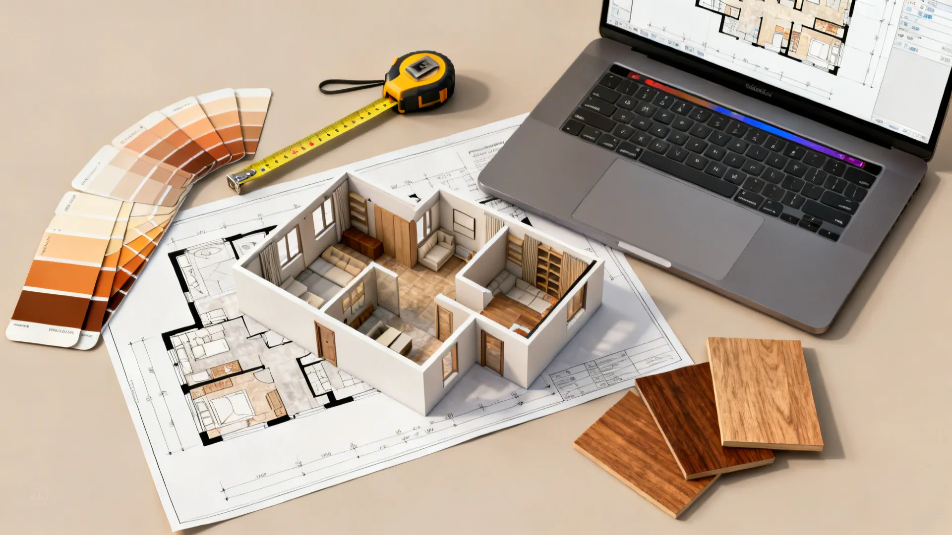 Flatlay of 3D floor plan mockups, color swatches and tools for small apartment planning