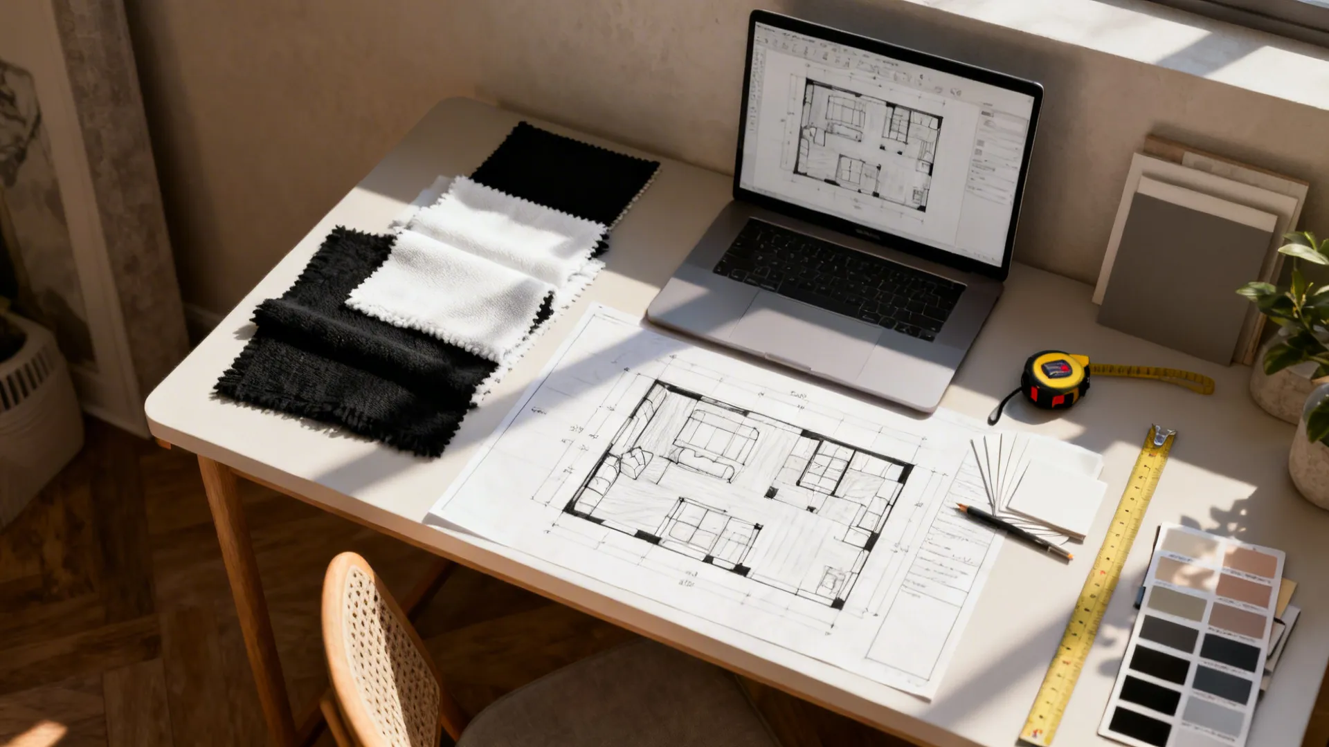 Interior design workspace with laptop paper floor plan fabric samples measuring tape and color swatches