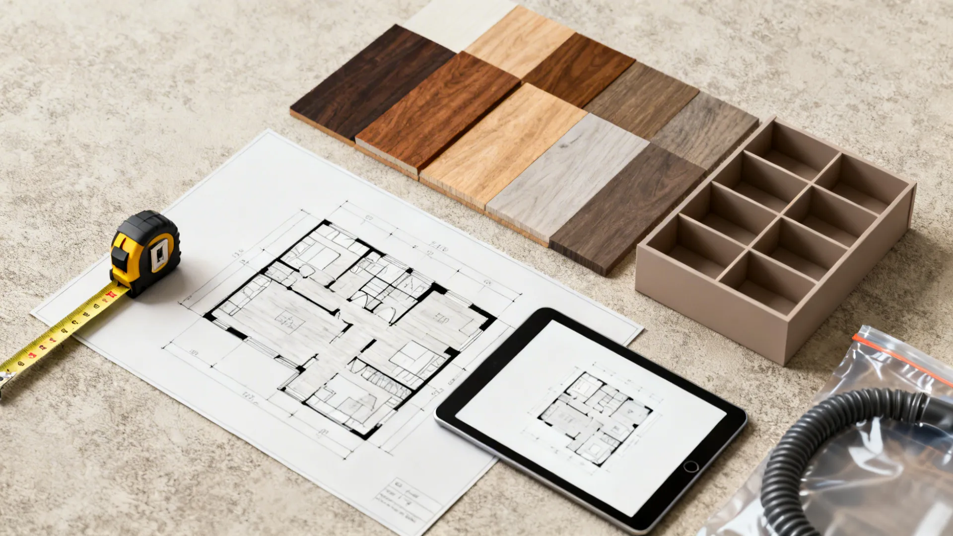 Flatlay of sketch, measuring tape, fabric swatches and vacuum bag used for planning small-bedroom storage.