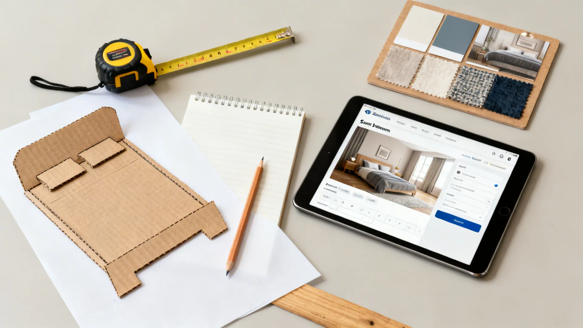 Interior design workspace with tablet showing room design plus tape measure and cardboard bed model