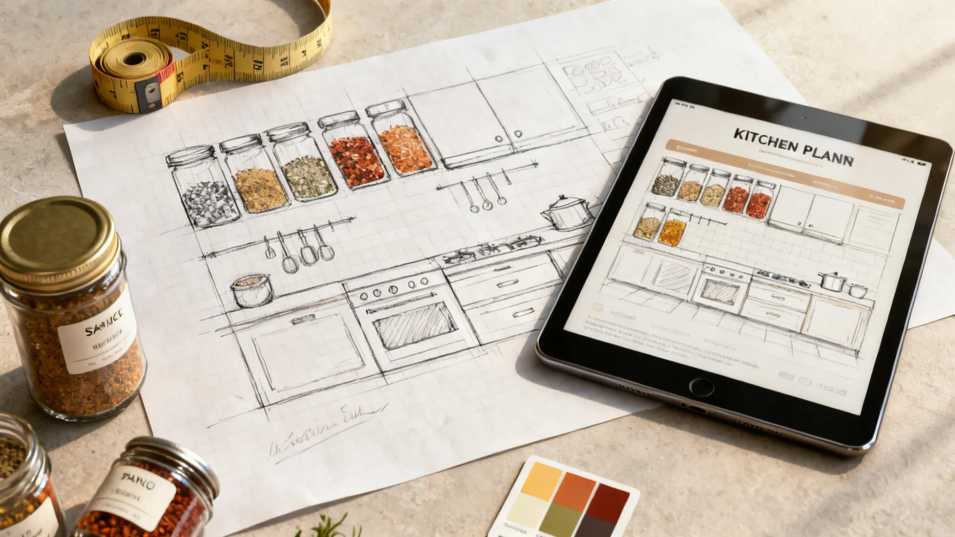 Flatlay of sketches, measuring tape and a tablet showing a kitchen planner for spice rack layout.