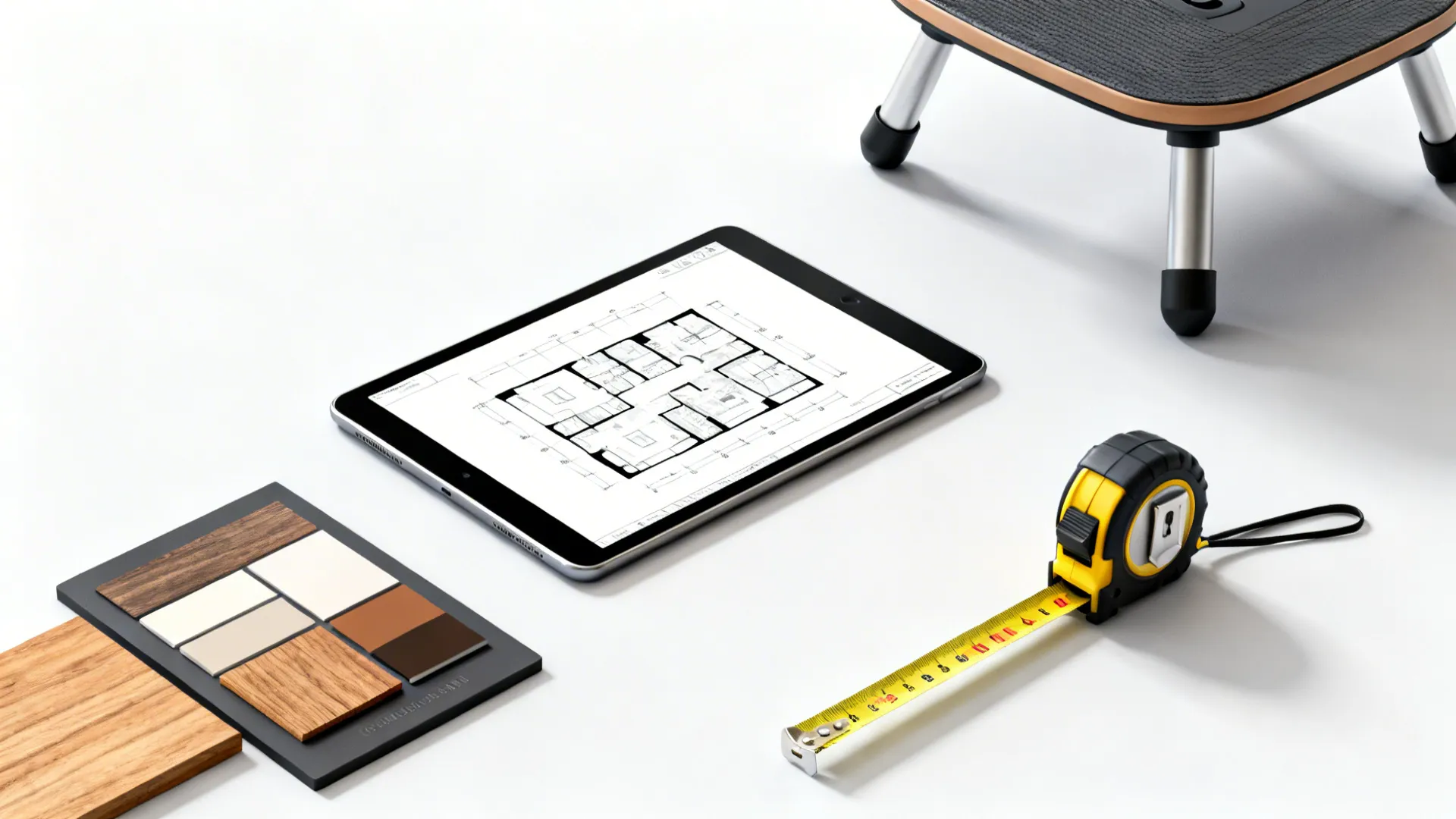 Flatlay of a tablet with a room planner, tape measure and material samples for testing small-office layouts.