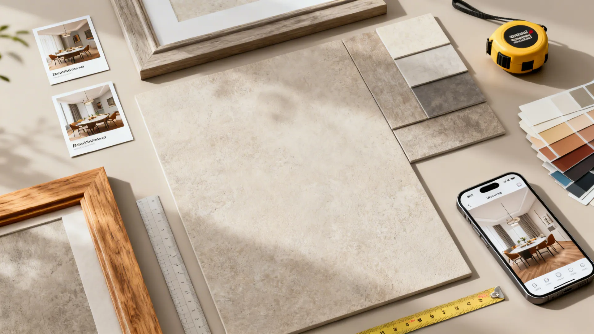 Top-down flatlay of print mockups, frame samples, color swatches and a room-planning app.