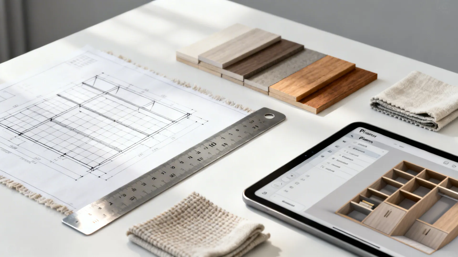 Flatlay of sketch plans, ruler, material samples, and a tablet with a 3D closet planner.