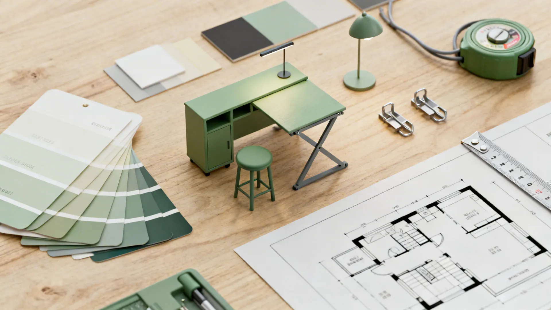 Flatlay of color swatches, miniature furniture, and planning tools for a small home office