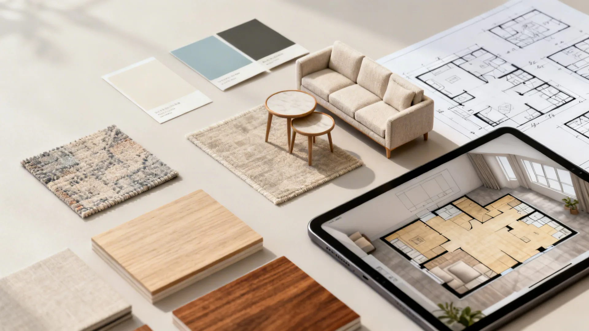 Interior design planning layout with miniature sofa, floor plan, tablet, wood samples, and color cards