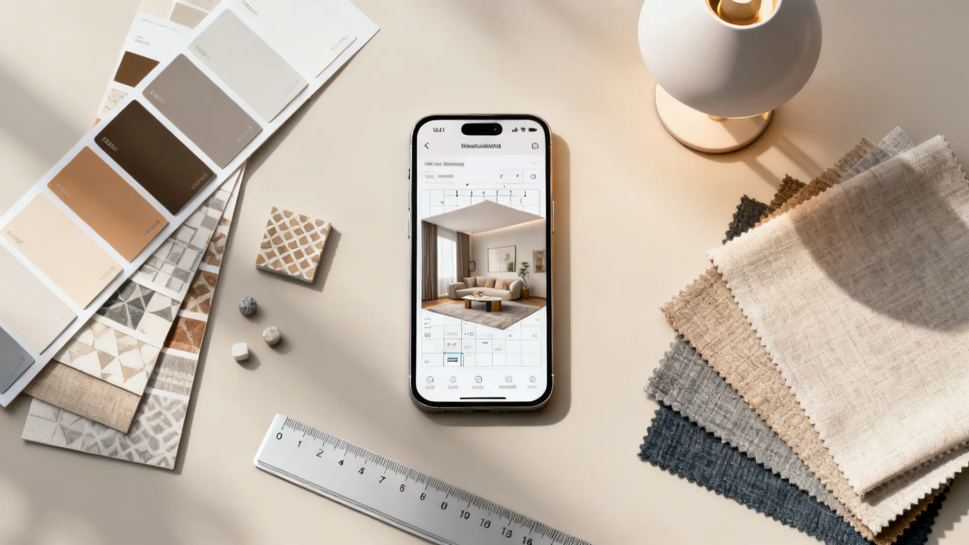 Smartphone showing interior design drawing surrounded by color palettes fabric samples and a white ruler