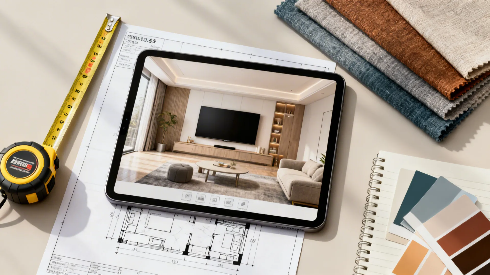 Flatlay of room planning tools including tape measure, tablet with room mockup and fabric swatches