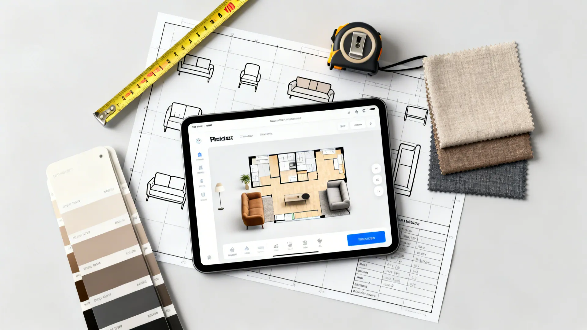 Top-down flatlay of tools for planning a compact living room: tablet with floor planner, swatches and tape measure