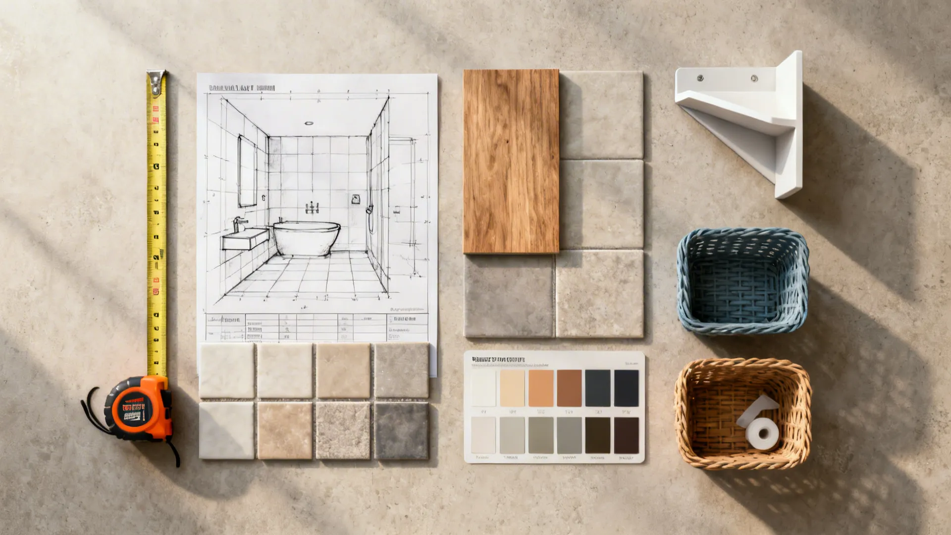 Flatlay of bathroom planning tools, material samples, and sketches for layout planning