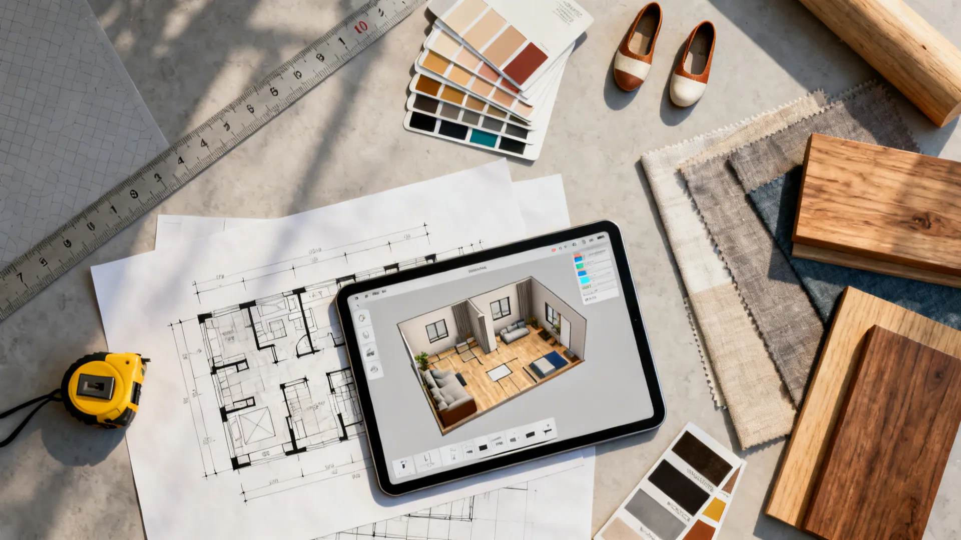 Flatlay of floorplan sketches, tablet with 3D planner, measuring tape and material swatches