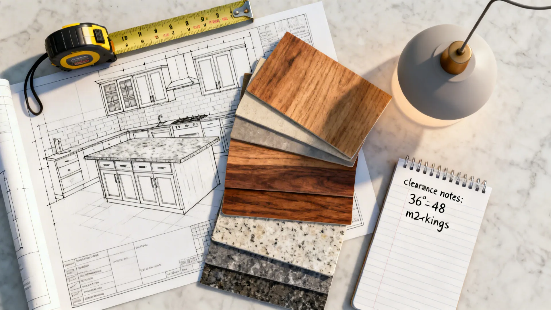 Kitchen interior design drawing with wood samples measuring tape notebook and a grey light fixture