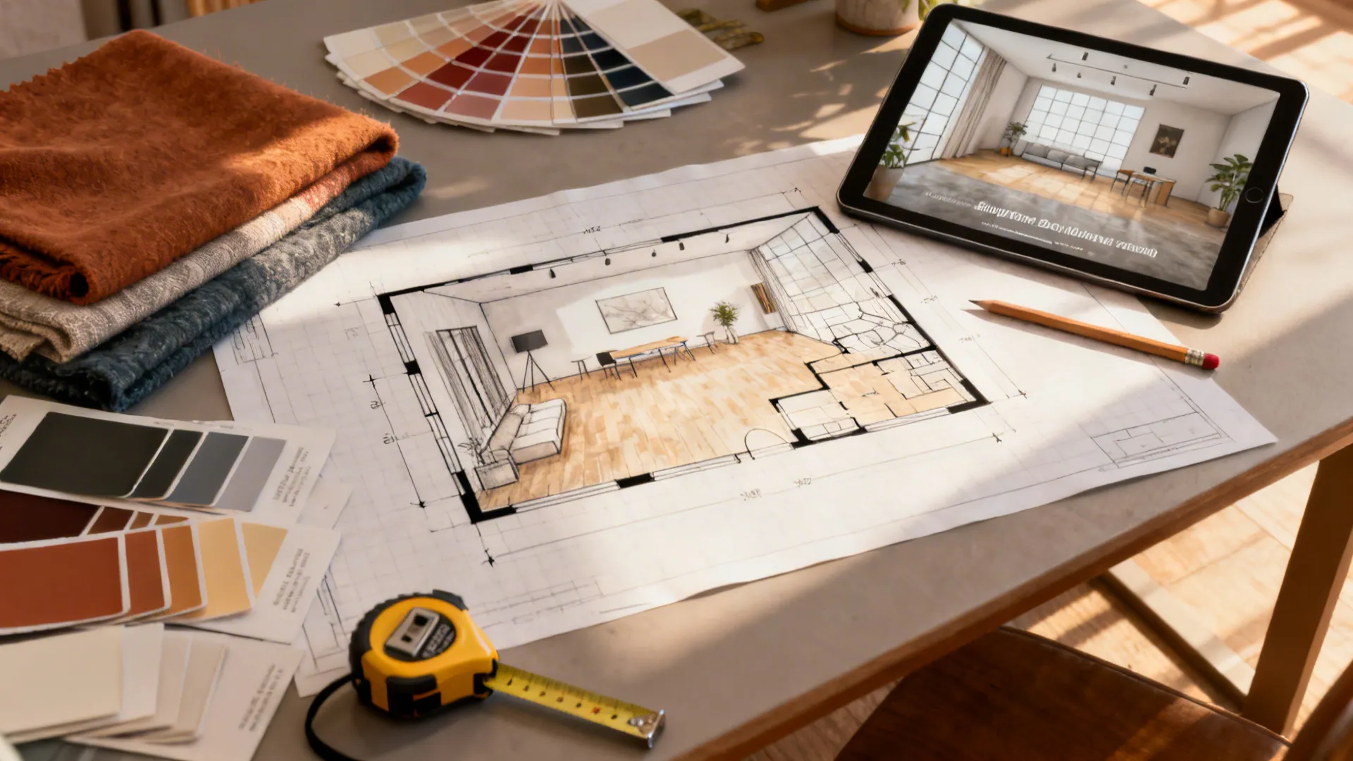 Top-down flatlay of a studio floor plan, fabric swatches and a tablet with a 3D planner.