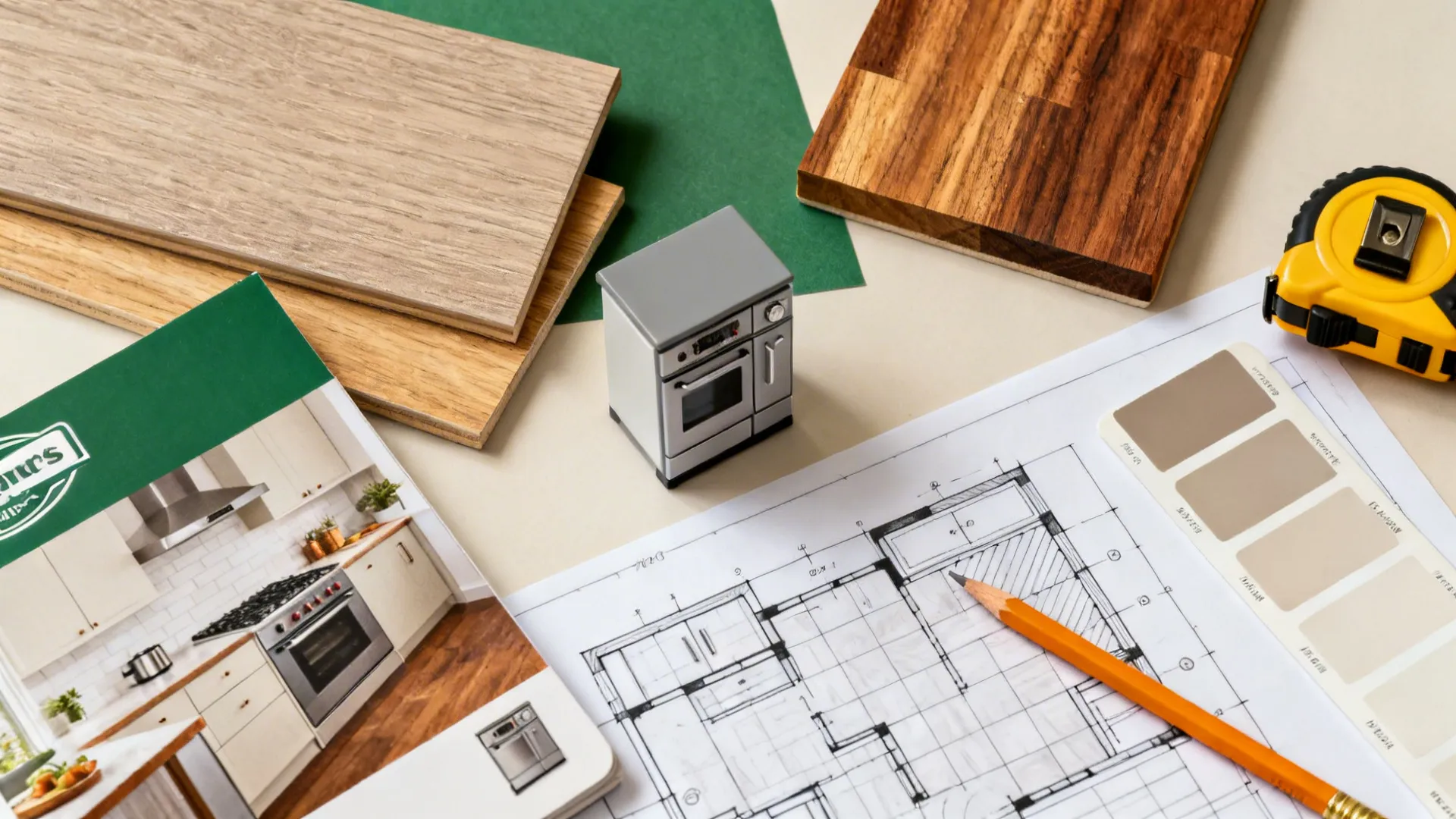 Flatlay of material samples, measuring tools, and a floor plan for small kitchen remodel planning.