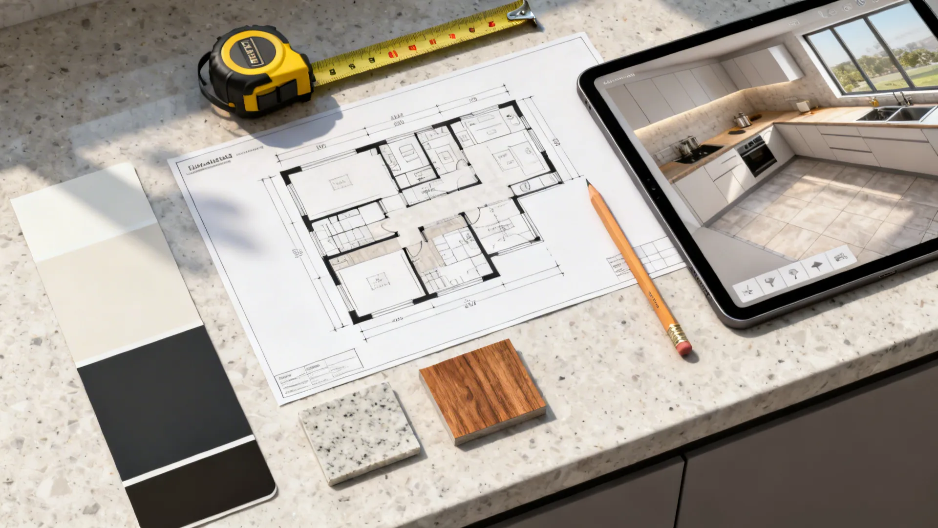 Flatlay of a kitchen planning kit with floorplan, tape measure, swatches and 3D mockup on a tablet