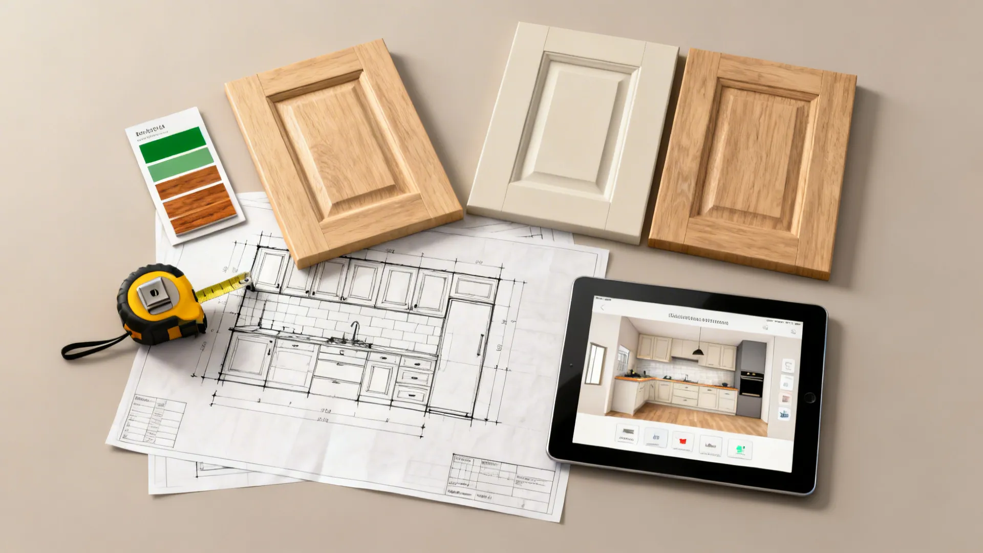 Flatlay of floor plan sketches, cabinet swatches and a tablet with a room planner for small kitchen mockups