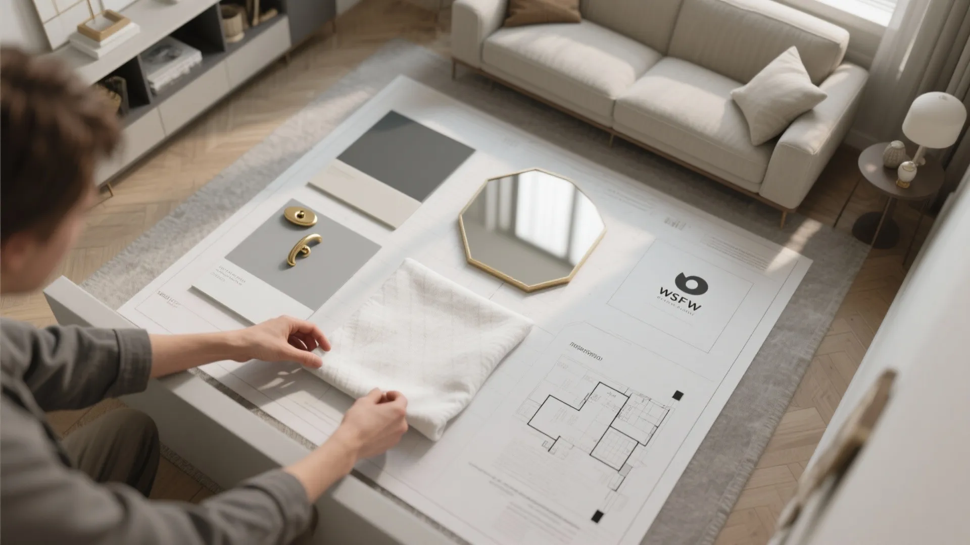 Hands placing white fabric swatch on interior design floor plan with gold handles and mirror