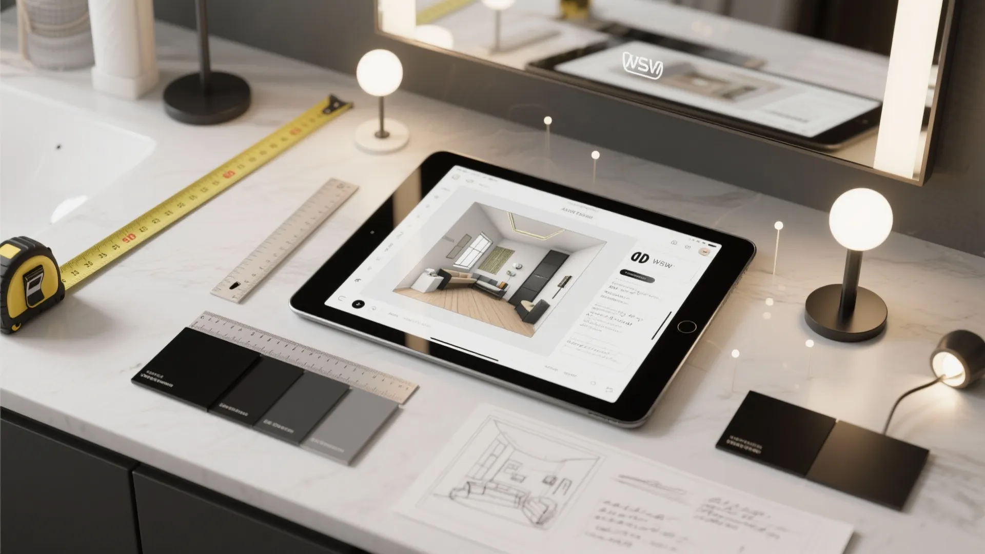 Flatlay of a tablet showing a 3D room planner, measuring tape, finish swatches and mirror sketches for vanity lighting planning.