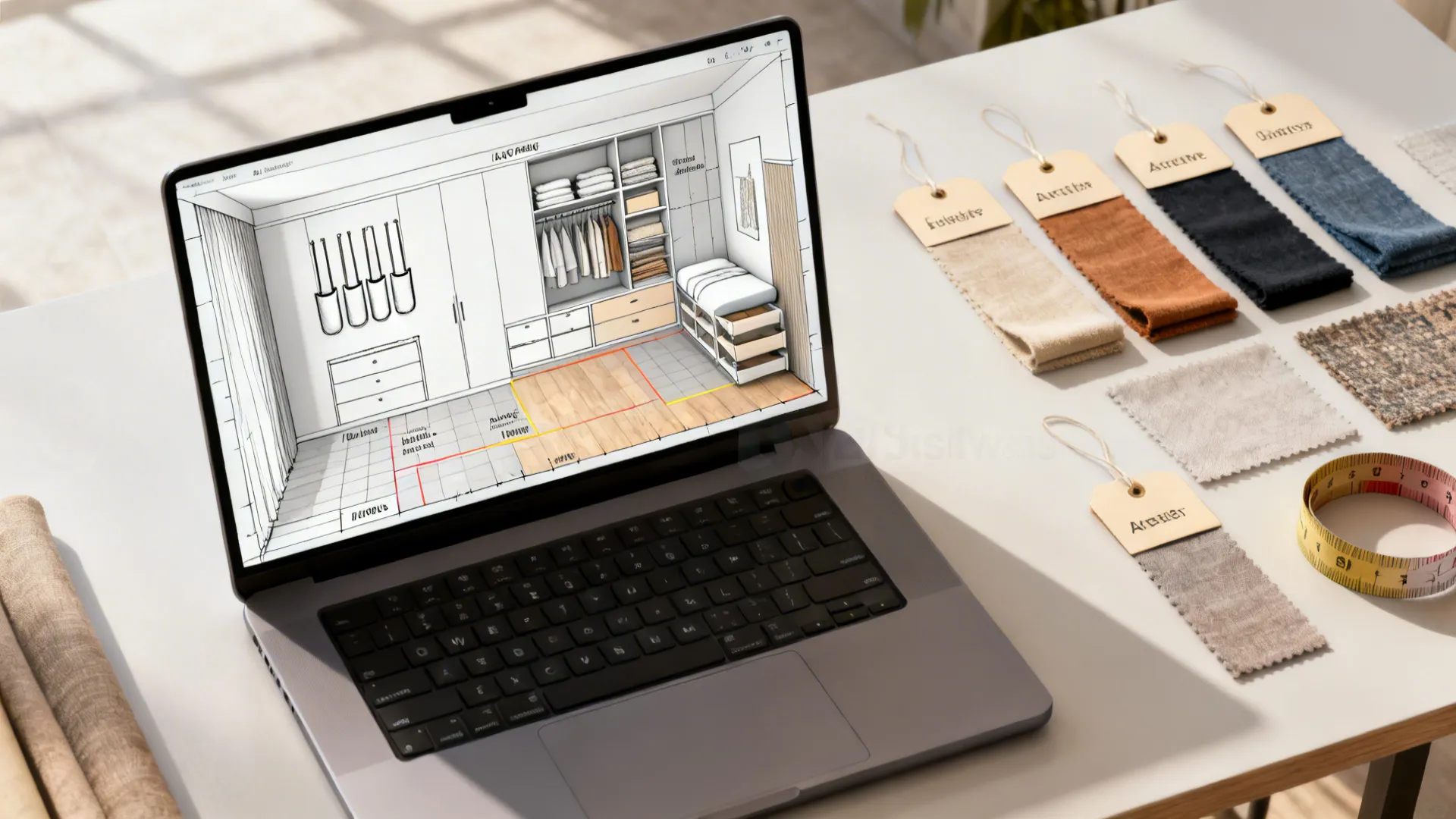 Top-down view of a 3D floor planner and fabric swatches for storage layout