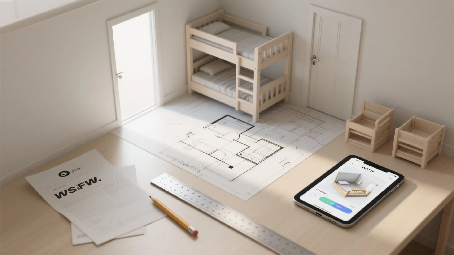 Interior design drawing on desk with small wooden bunk beds and phone showing room app