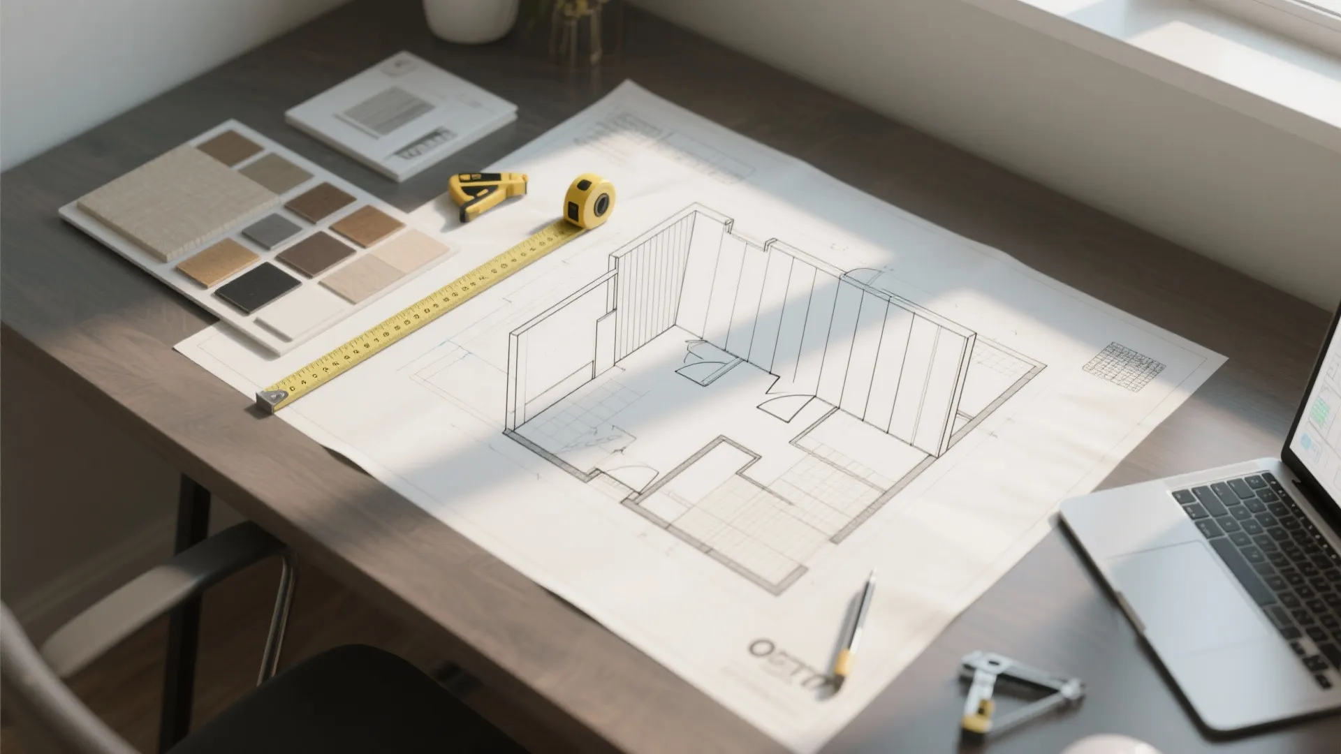Interior design drawing on a wooden desk with a measuring tape laptop and material samples
