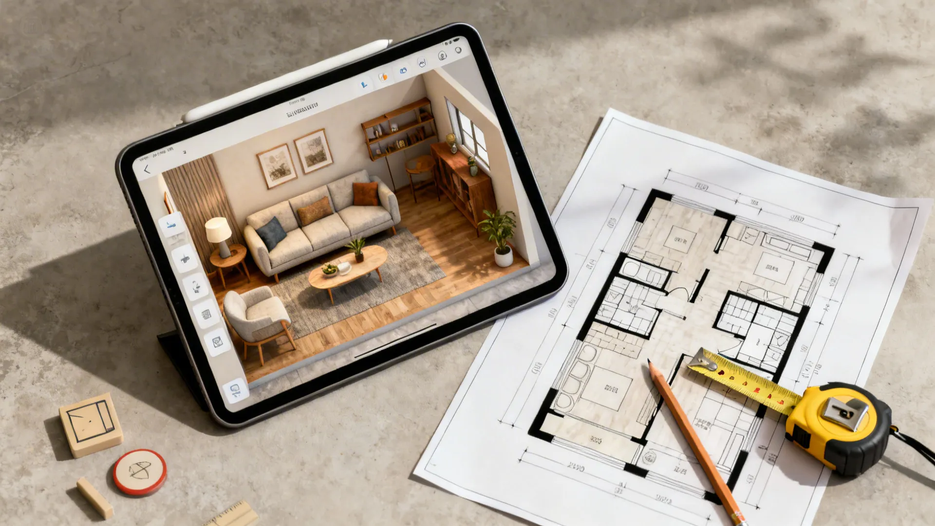 Top-down view of a 3D floor planner on a tablet with printed room measurements and tape measure