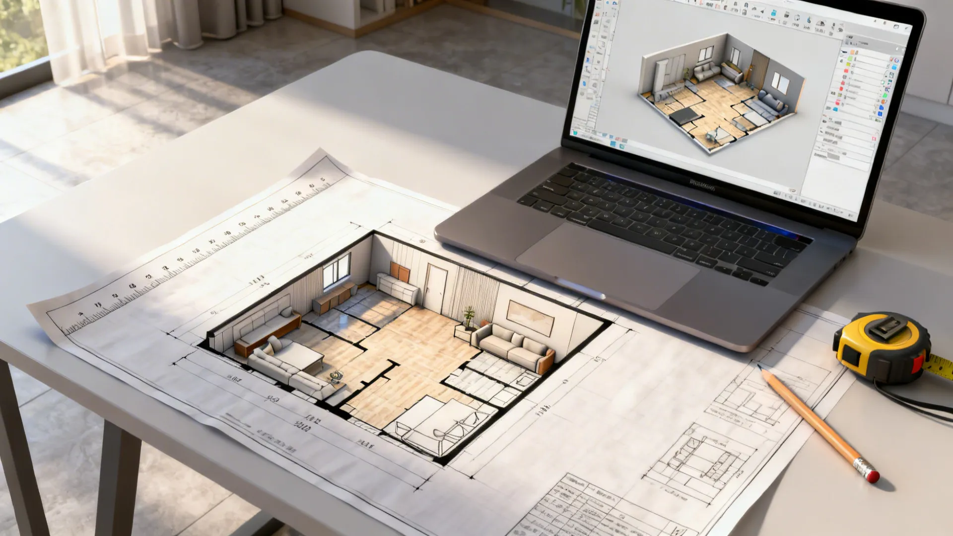 Top-down view of a floor plan sketch, tape measure and laptop with a 3D planner