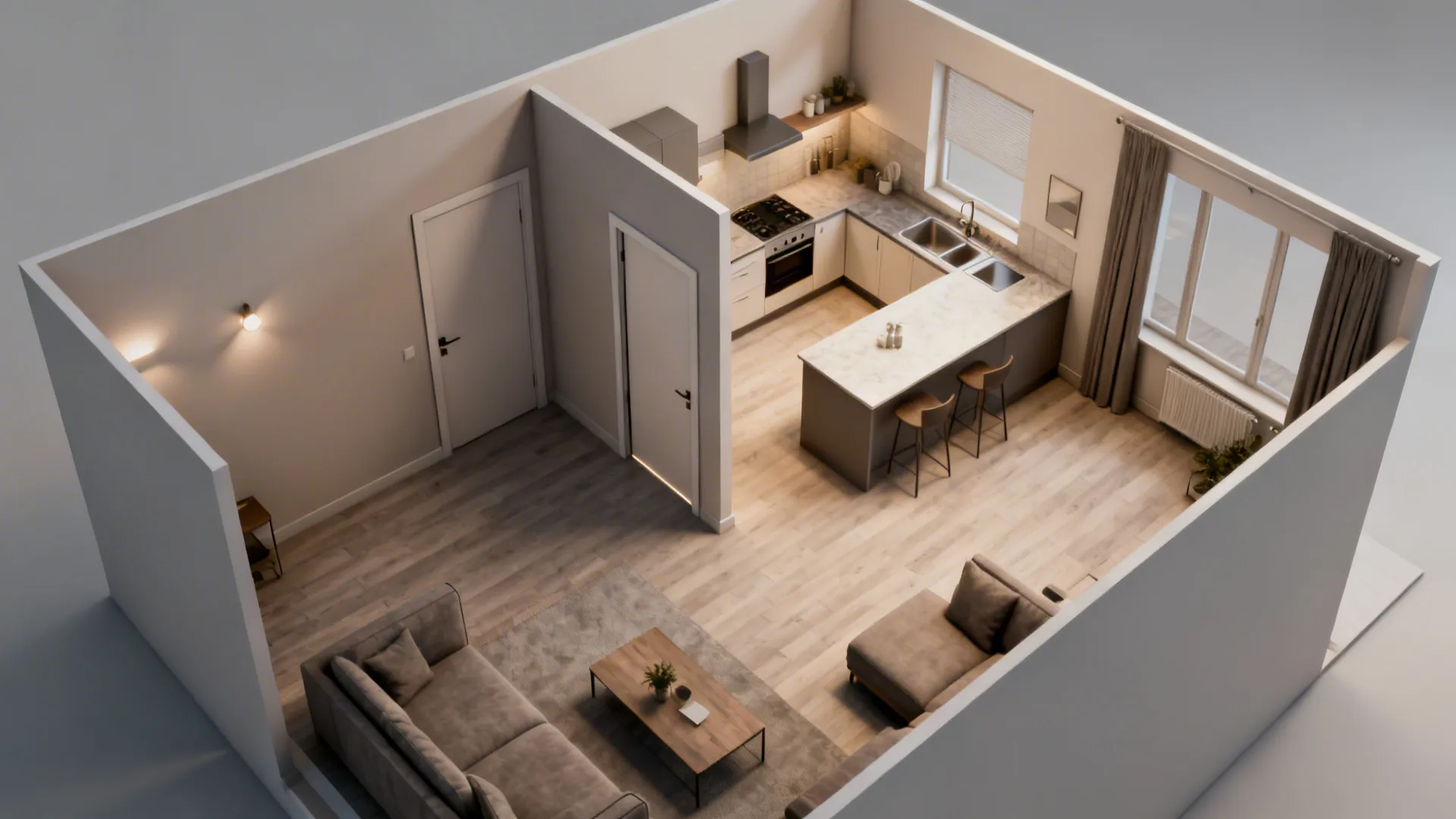 Top-down 3D mockup of floor plan illustrating partial wall, island, and pocket door options between kitchen and living room.