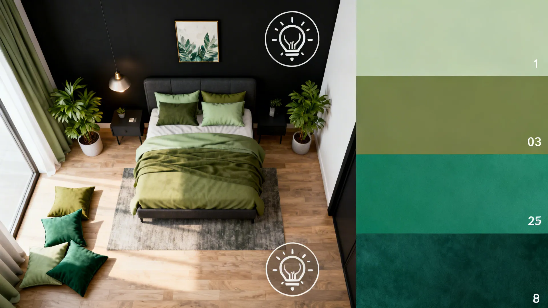 Top-down bedroom planning mockup with black accent wall options and green swatches