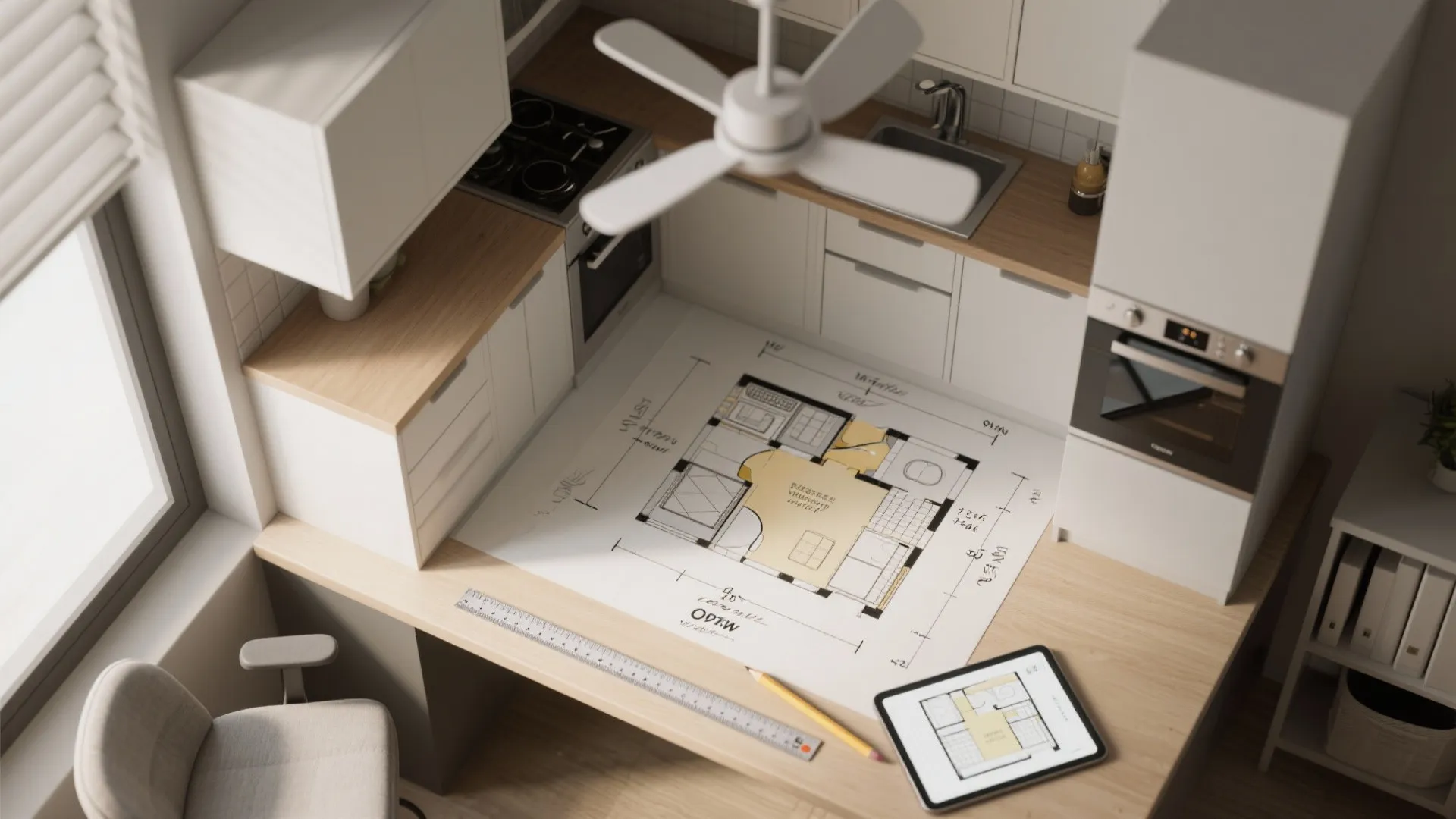 Top-down view of a small kitchen floor plan with measurements and a room-planner on tablet