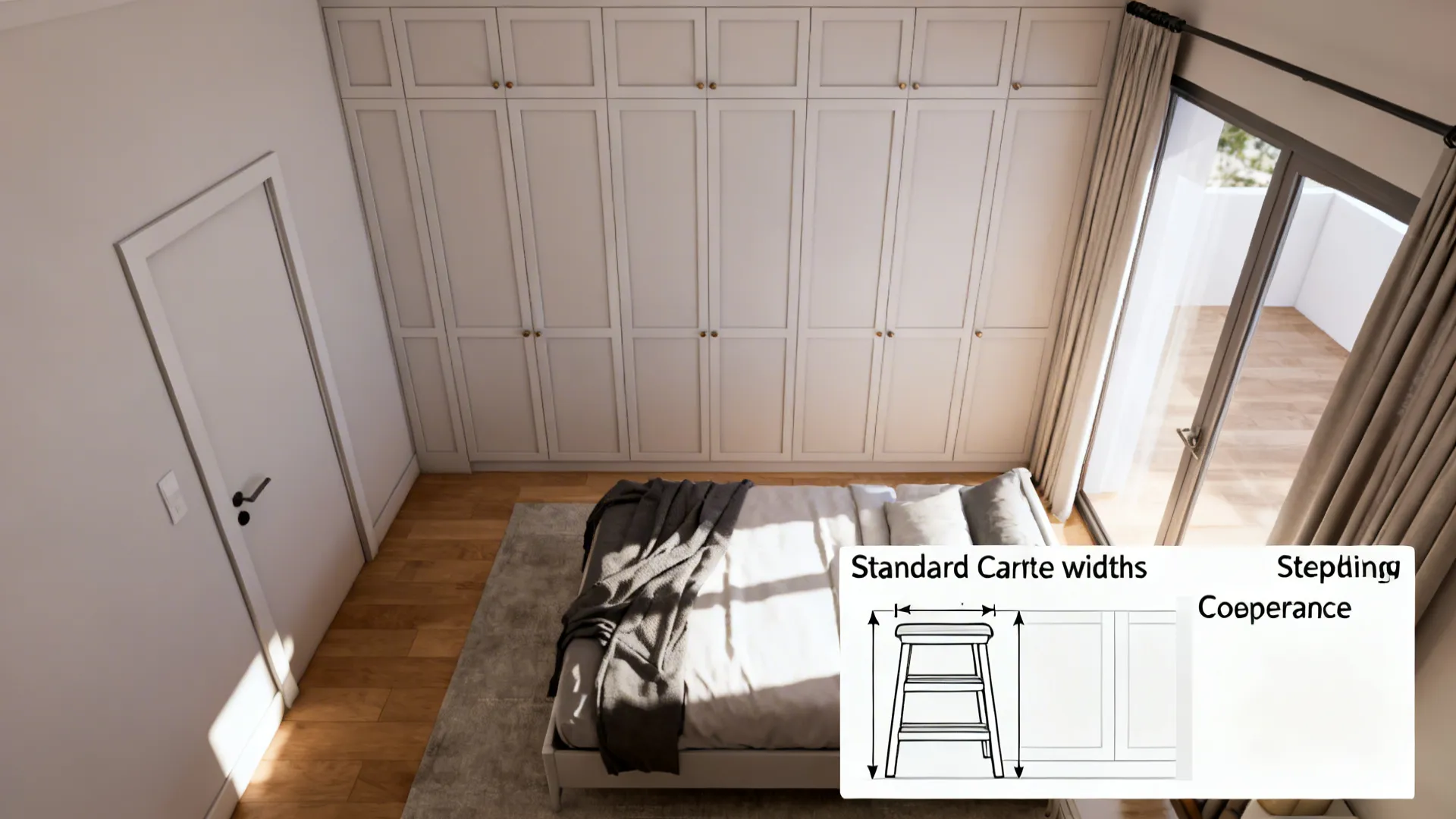 Top-down 3D floor plan mockup showing wardrobe placement, door swing clearance and standard carcass widths.